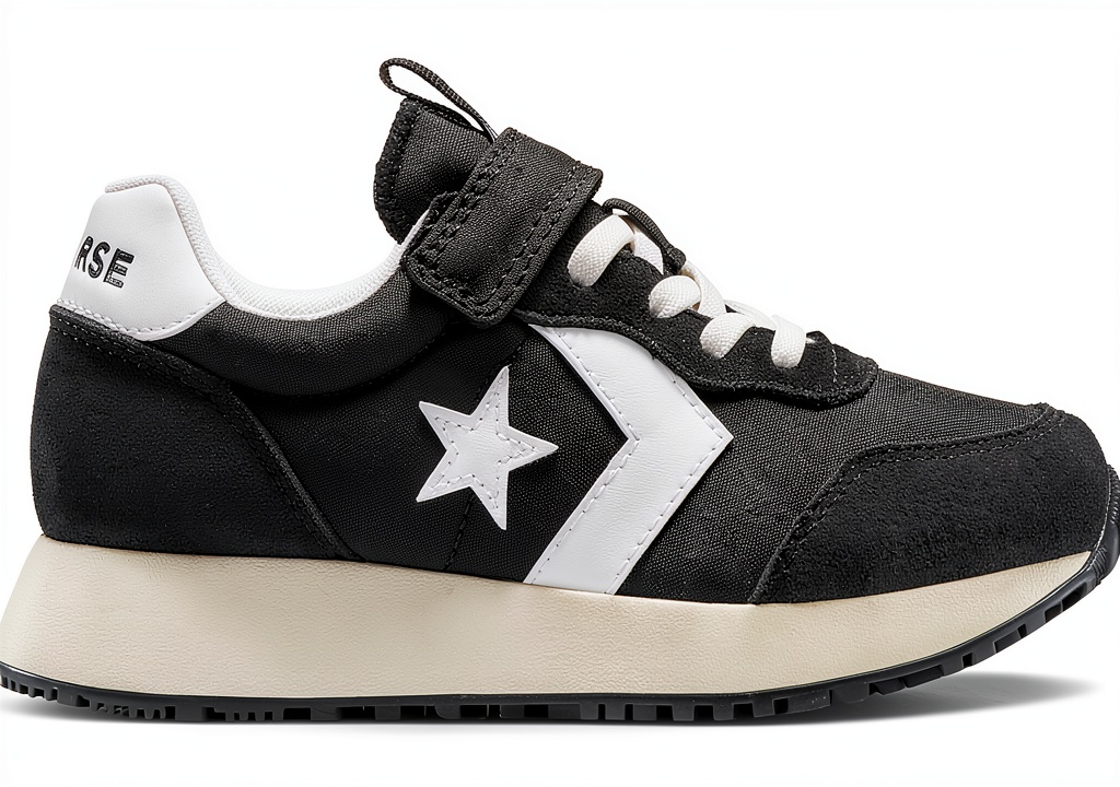 Little Kid Shoes in white and black colors on a neutral background