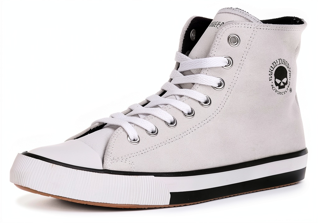 Harley Davidson mens sneakers in black and white color on a rugged surface