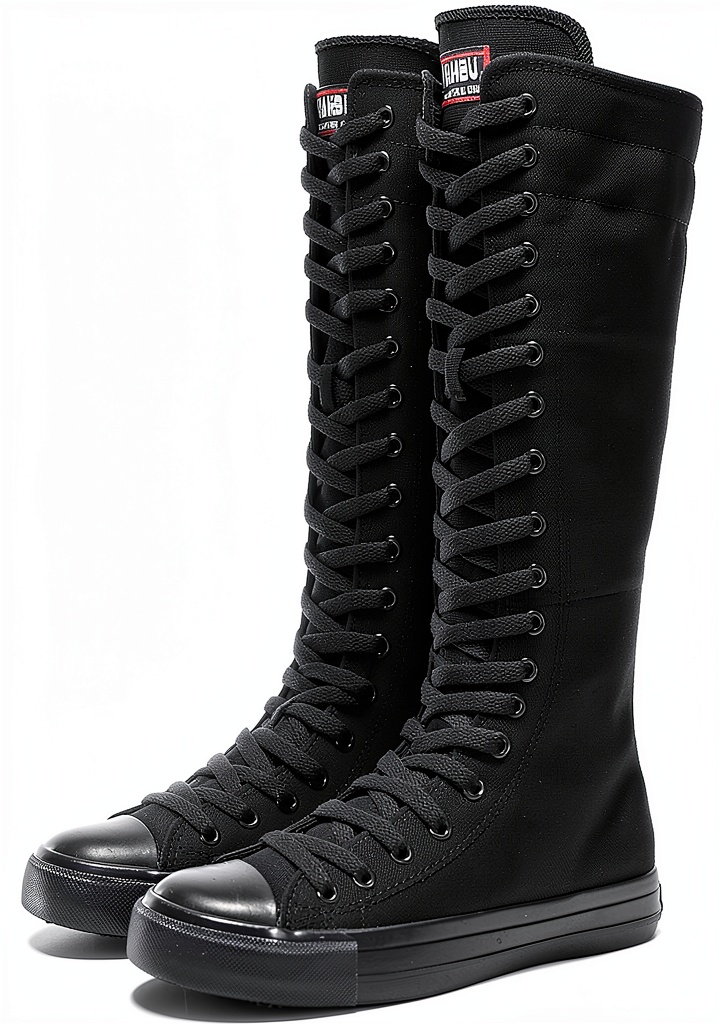 Momuk womens canvas boots in black and white colors displayed on a model