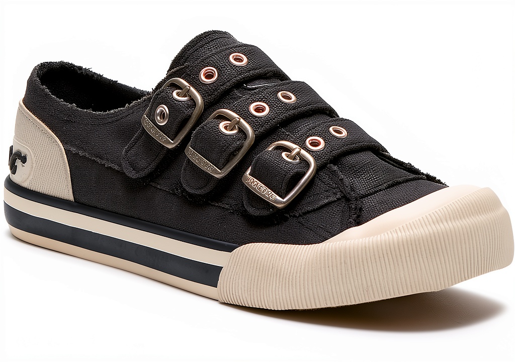 Rocket Dog women's sneakers showing side buckles and black canvas design