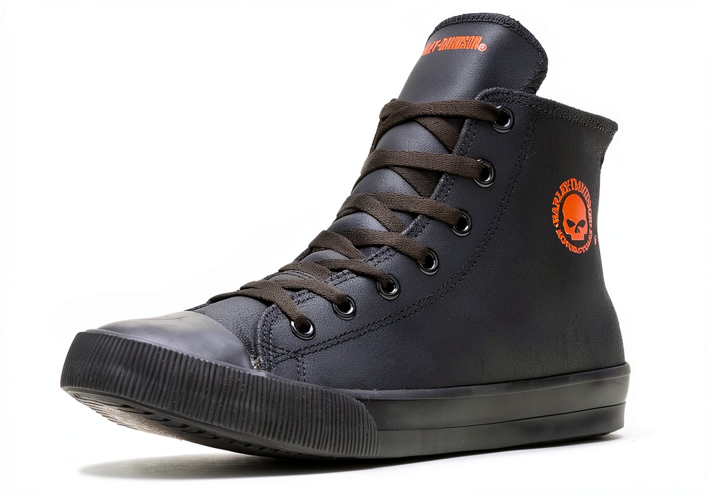Harley Davidson skateboarding shoes in Black/Orange color on a skateboard